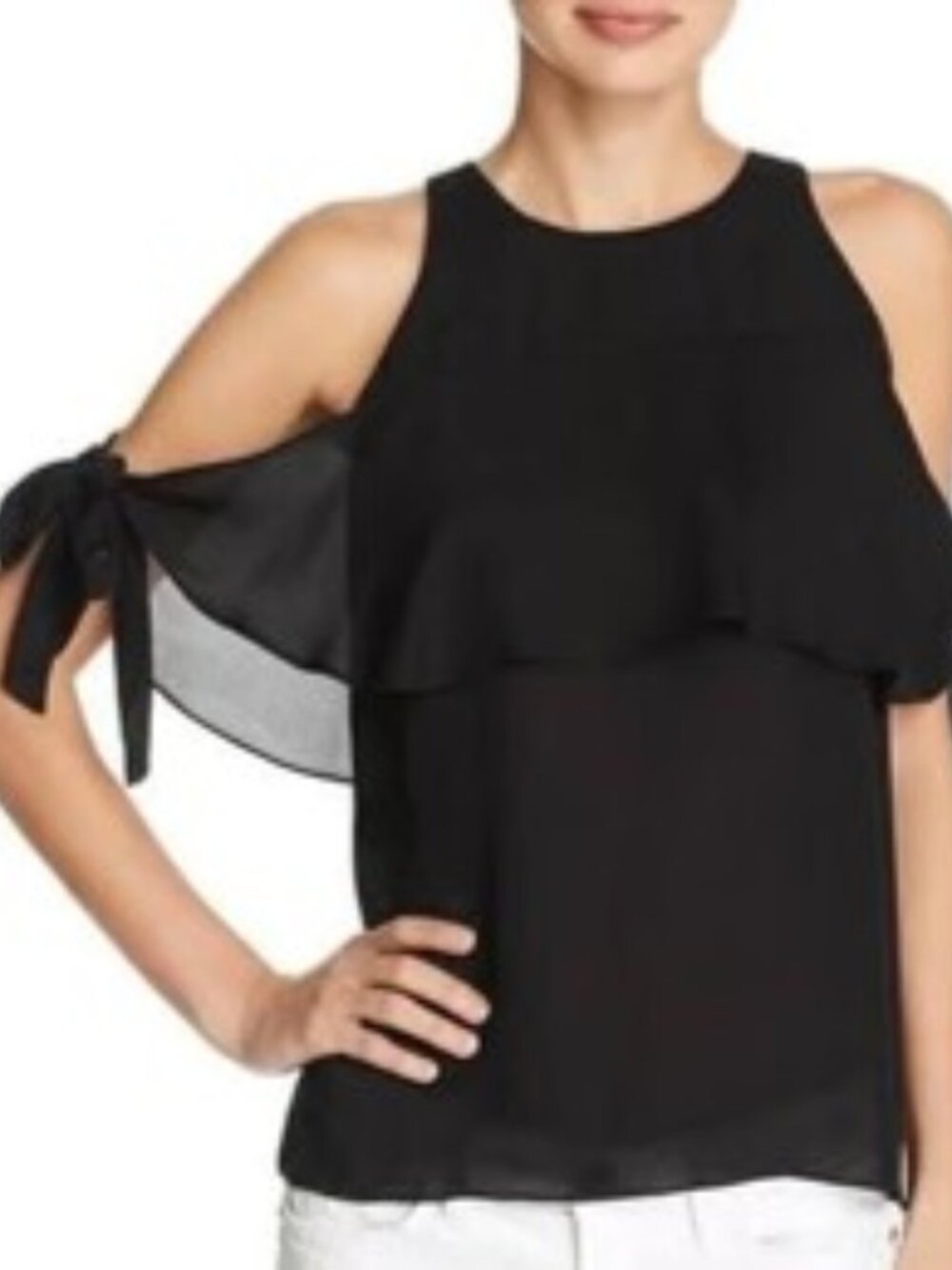 Ramy Brook Penelope Black 100% Silk Layered Cold-Shoulder Ties Blouse Size P